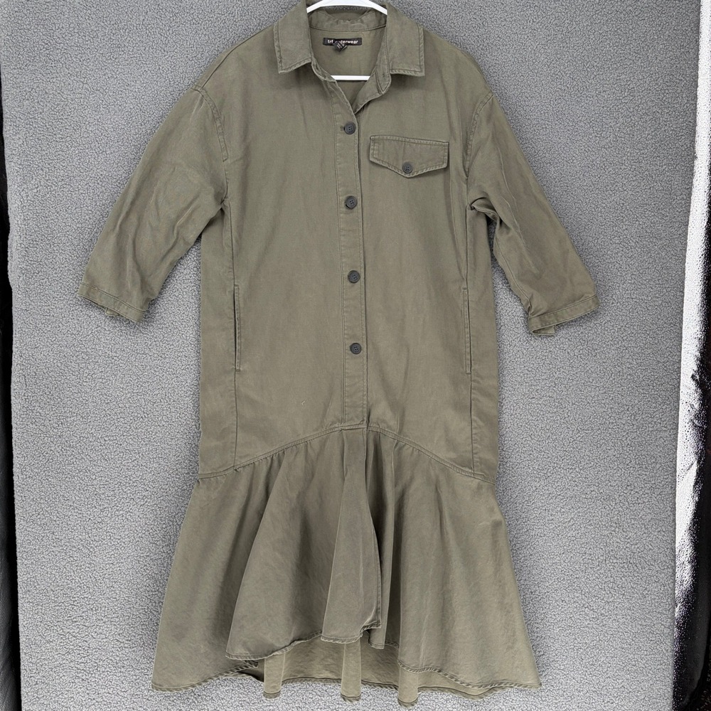 Zara TRF Outerwear Olive Green Ruffle Hem Utility Shirt Dress Small